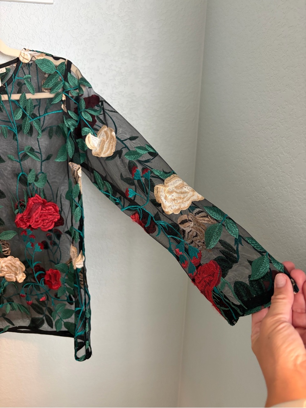 Ultra Pink Embroidered Floral Mesh Long-Sleeve Top Black with Red & Cream Roses - Picture 3 of 6
